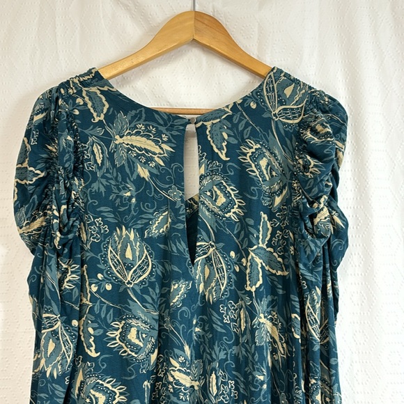 FREE PEOPLE Hello Lover Ruched Shoulder Tunic Dress in Dusty Indigo Combo - Picture 9 of 10